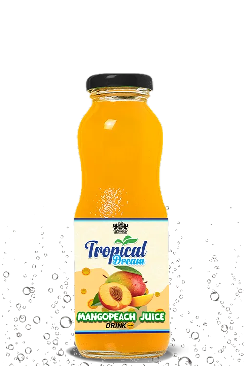 Tropical Dream Mango Peach Juice Drink by London Juice Company in a curvy clear glass bottle with a black cap.